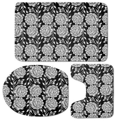 Vintage Black And White Floral Print 3 Piece Bath Mat Set