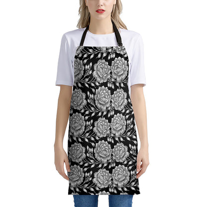 Vintage Black And White Floral Print Apron