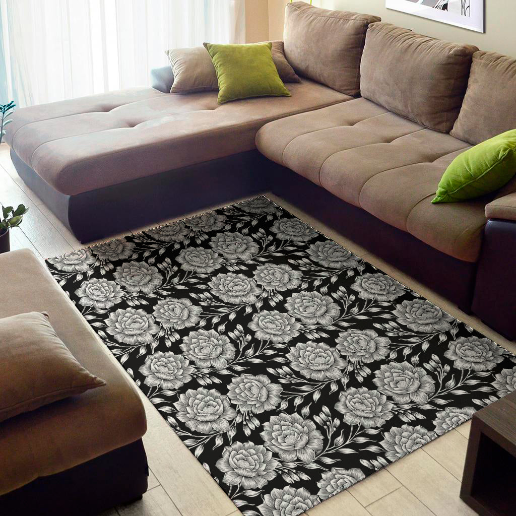 Vintage Black And White Floral Print Area Rug