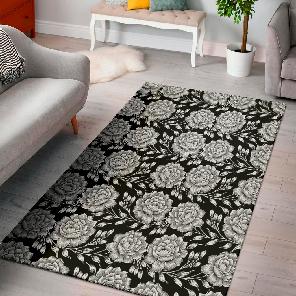 Vintage Black And White Floral Print Area Rug