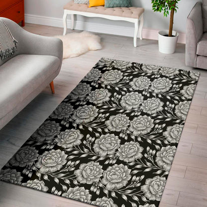 Vintage Black And White Floral Print Area Rug