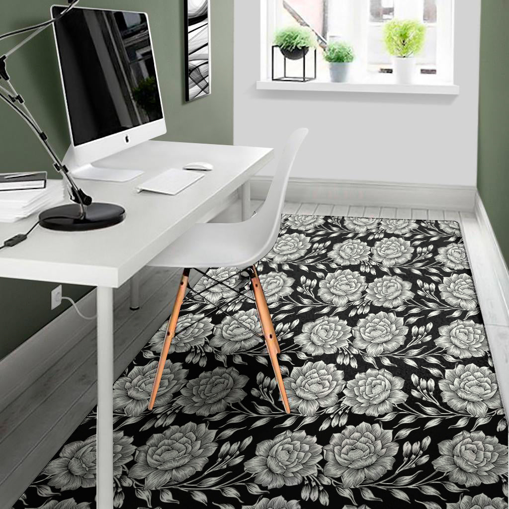 Vintage Black And White Floral Print Area Rug
