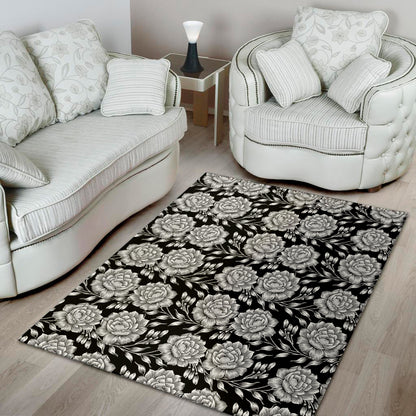 Vintage Black And White Floral Print Area Rug