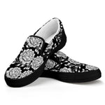 Vintage Black And White Floral Print Black Slip On Shoes