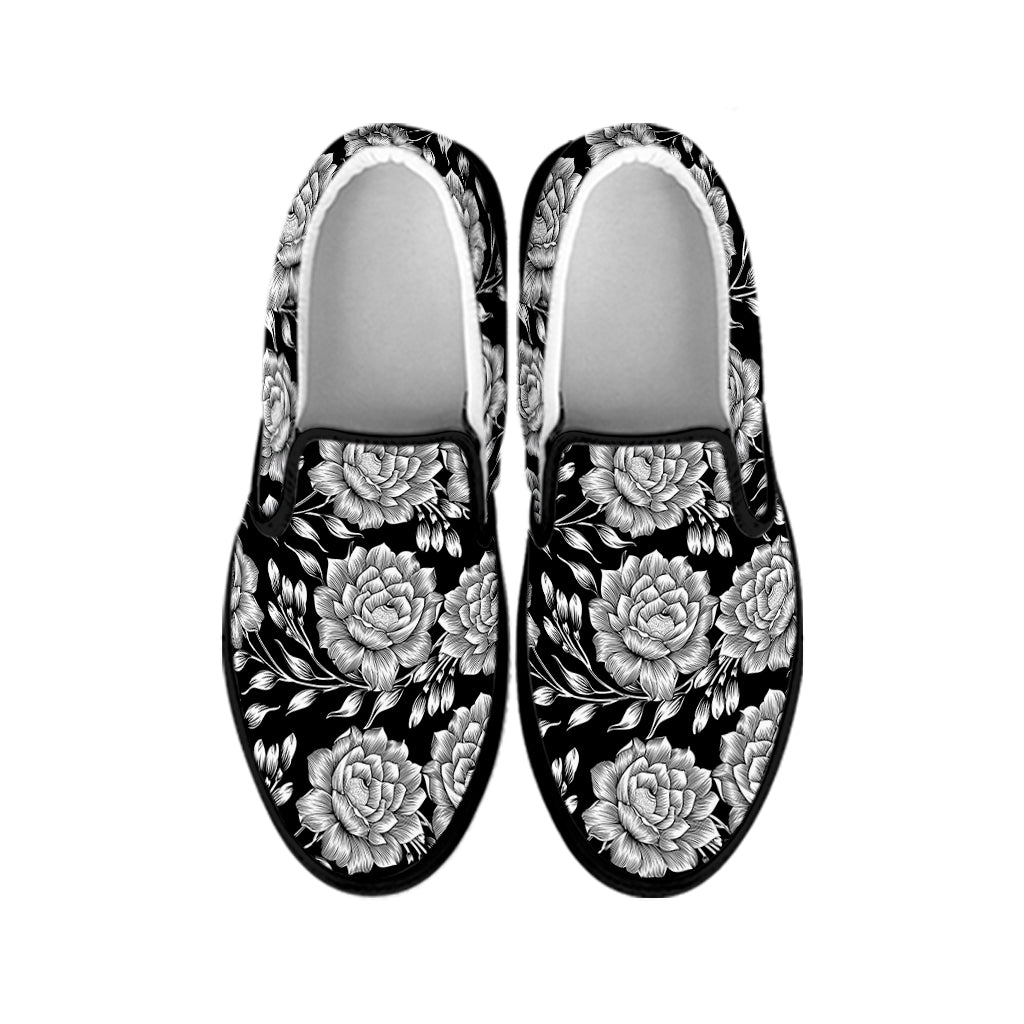 Vintage Black And White Floral Print Black Slip On Shoes
