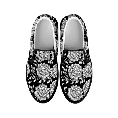 Vintage Black And White Floral Print Black Slip On Shoes