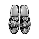 Vintage Black And White Floral Print Black Slip On Shoes