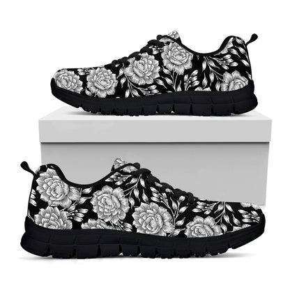 Vintage Black And White Floral Print Black Sneakers