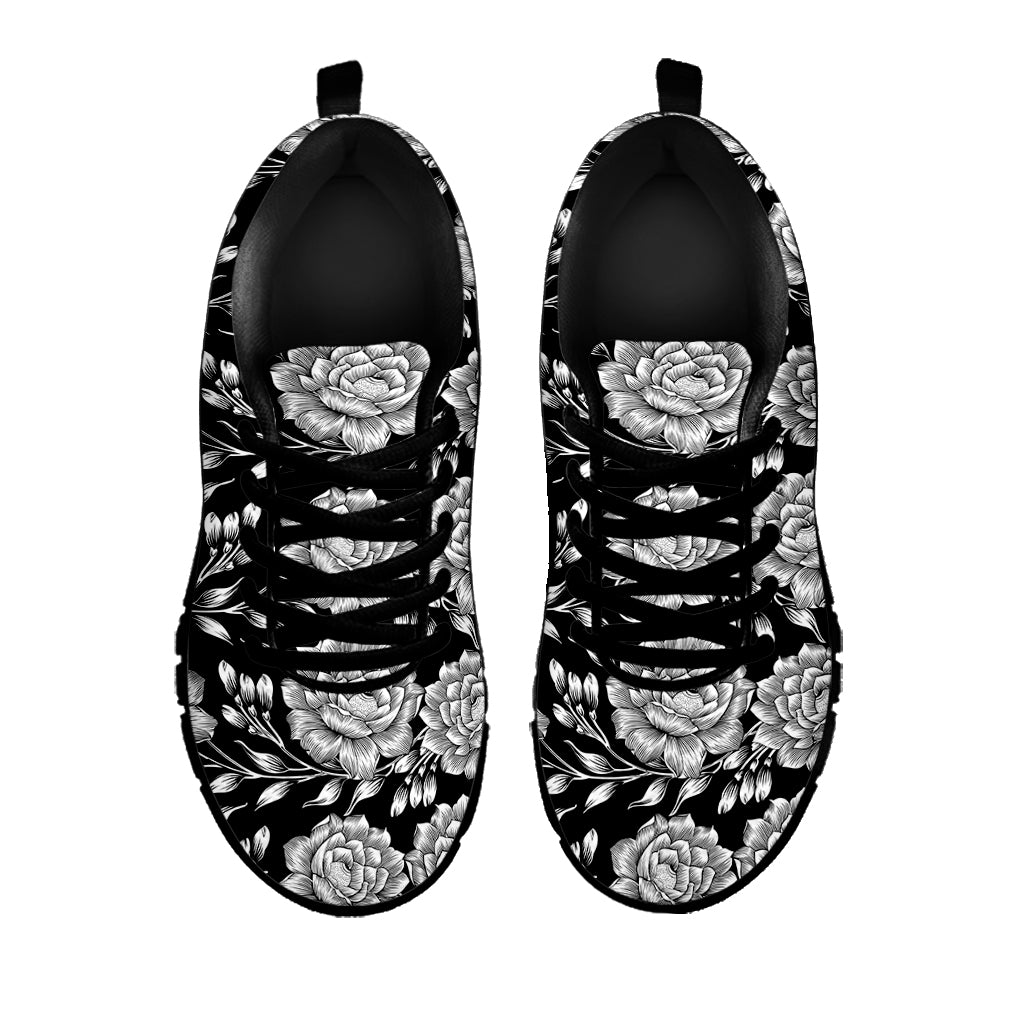 Vintage Black And White Floral Print Black Sneakers