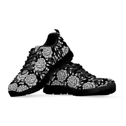 Vintage Black And White Floral Print Black Sneakers