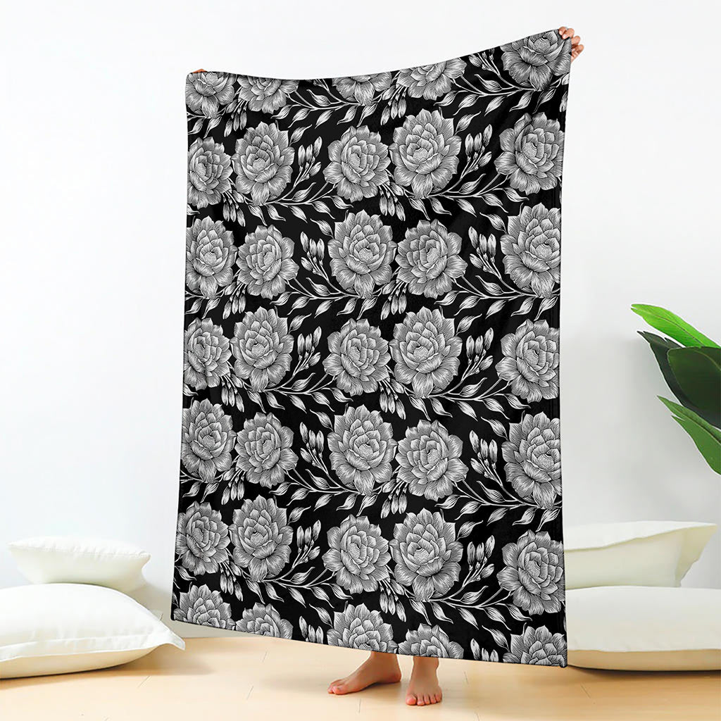 Vintage Black And White Floral Print Blanket