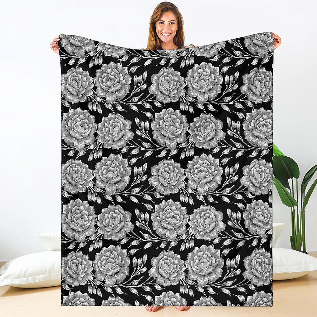 Vintage Black And White Floral Print Blanket