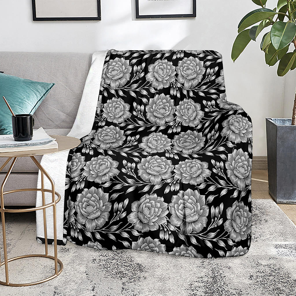 Vintage Black And White Floral Print Blanket