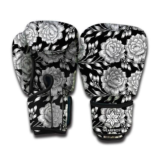 Vintage Black And White Floral Print Boxing Gloves
