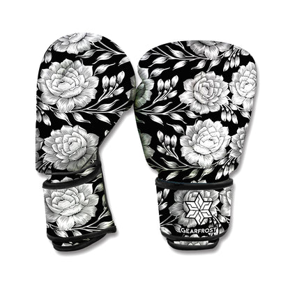 Vintage Black And White Floral Print Boxing Gloves