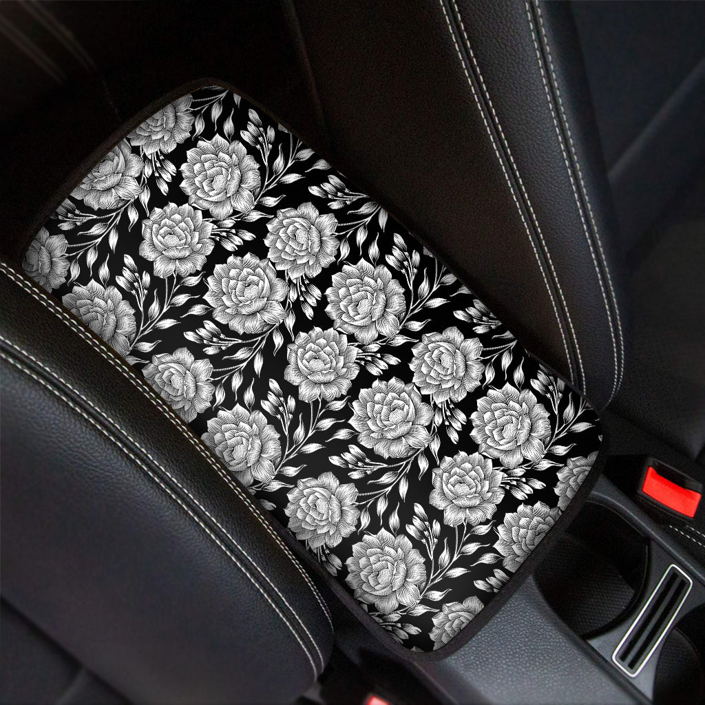 Vintage Black And White Floral Print Car Center Console Cover