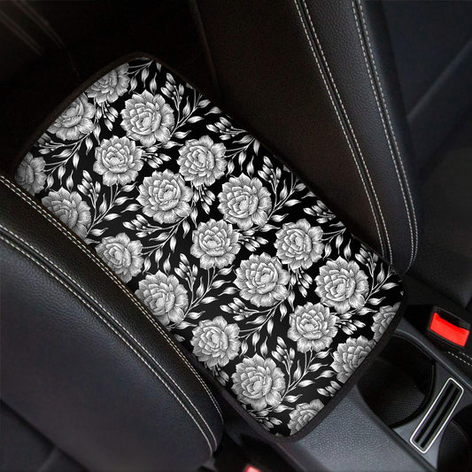 Vintage Black And White Floral Print Car Center Console Cover