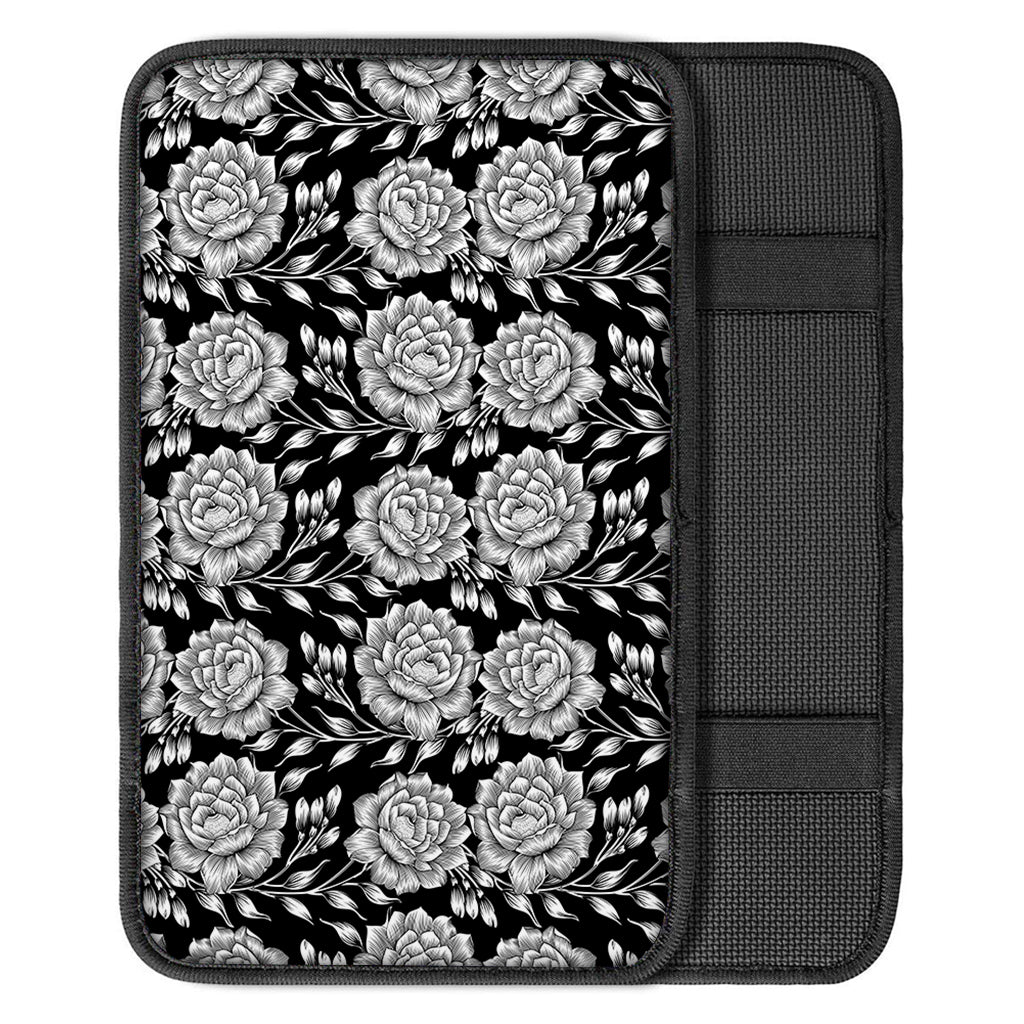 Vintage Black And White Floral Print Car Center Console Cover