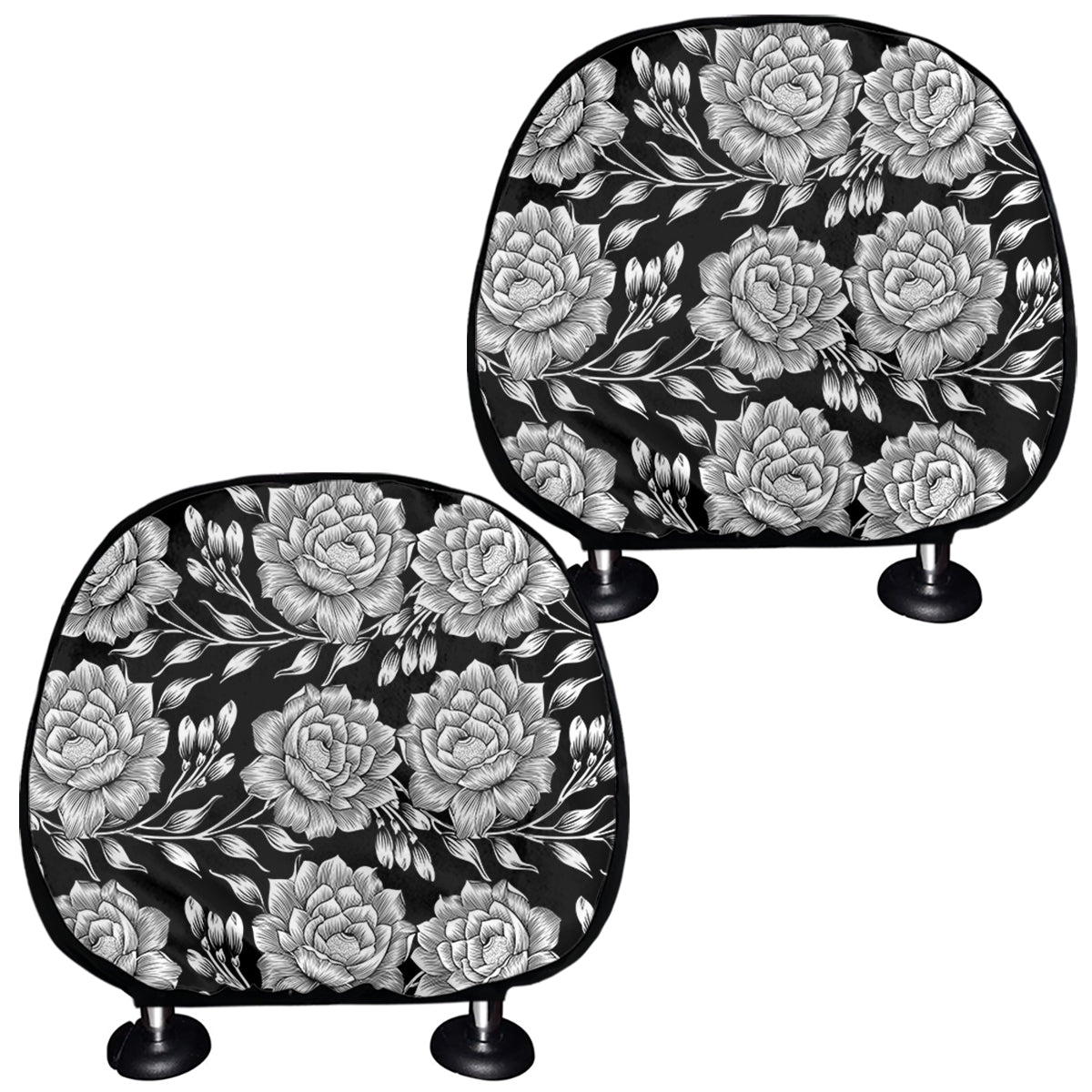 Vintage Black And White Floral Print Car Headrest Covers