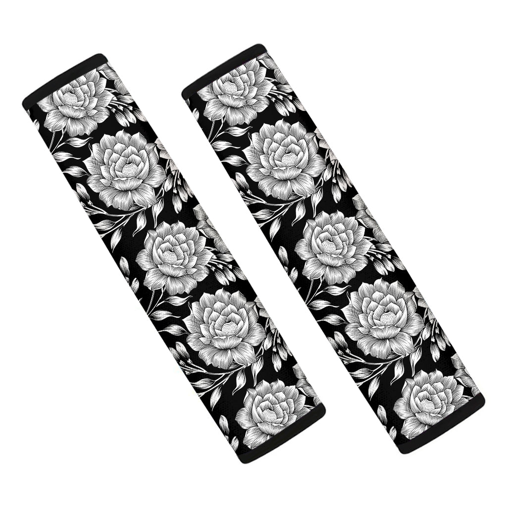 Vintage Black And White Floral Print Car Seat Belt Covers