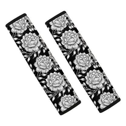 Vintage Black And White Floral Print Car Seat Belt Covers
