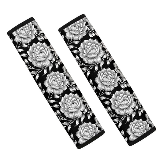 Vintage Black And White Floral Print Car Seat Belt Covers