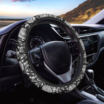 Vintage Black And White Floral Print Car Steering Wheel Cover