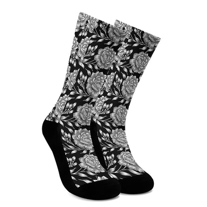 Vintage Black And White Floral Print Crew Socks