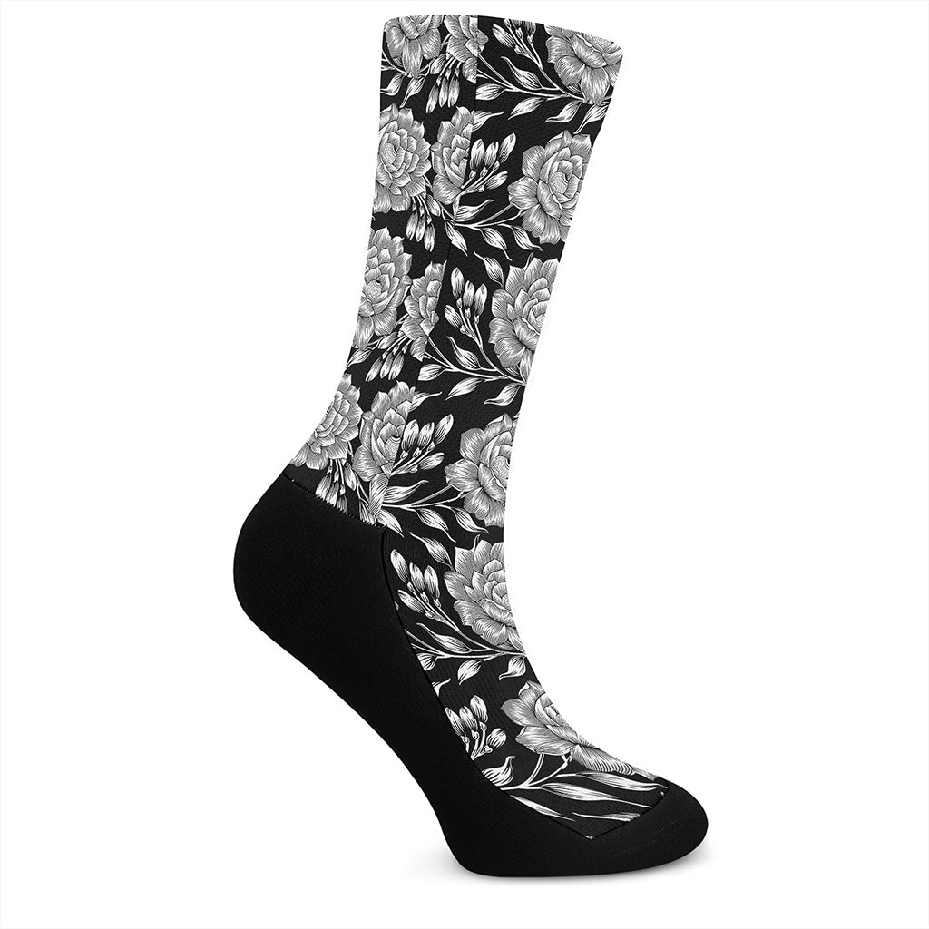 Vintage Black And White Floral Print Crew Socks