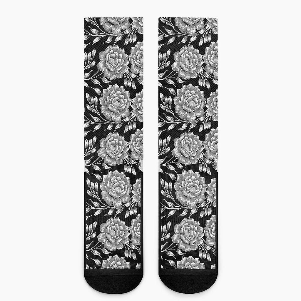 Vintage Black And White Floral Print Crew Socks