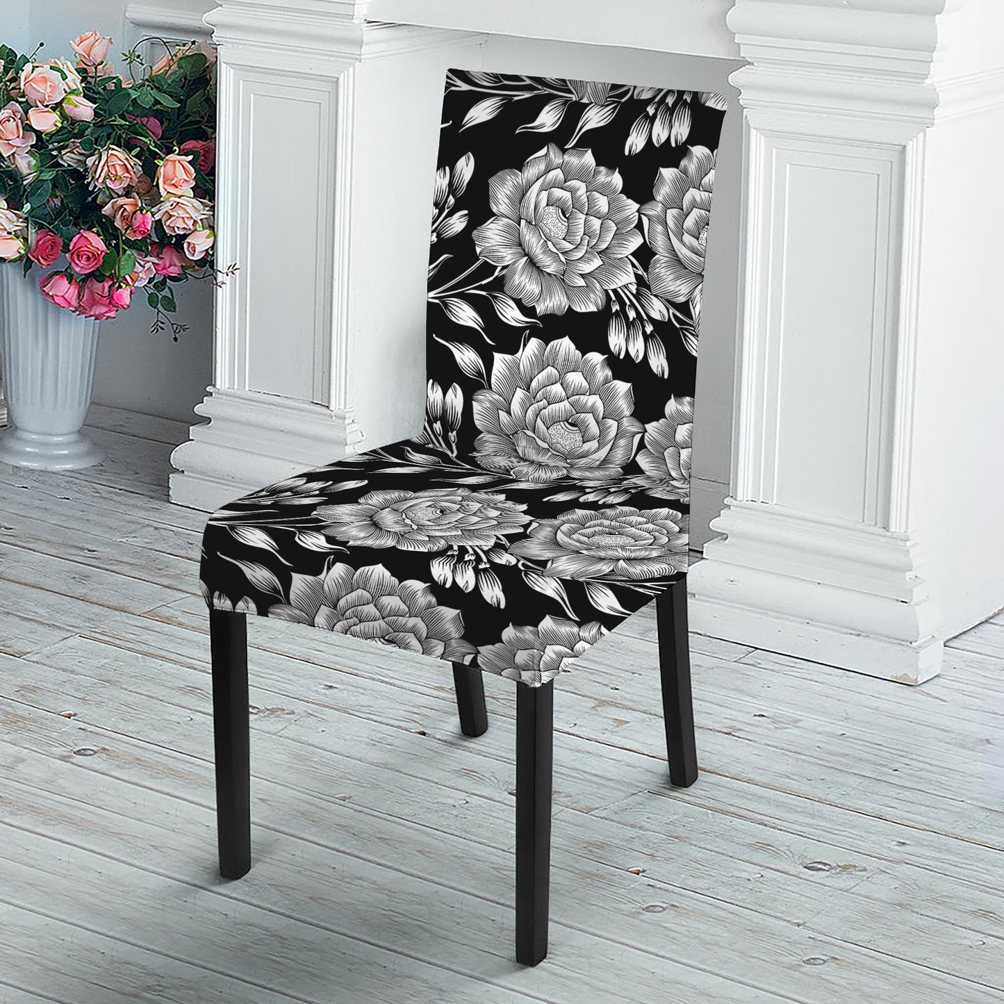 Vintage Black And White Floral Print Dining Chair Slipcover