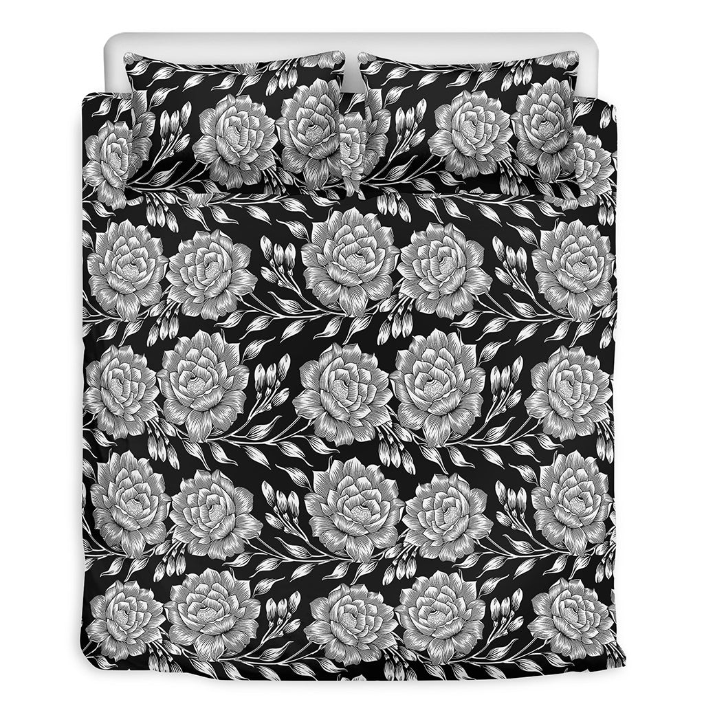 Vintage Black And White Floral Print Duvet Cover Bedding Set