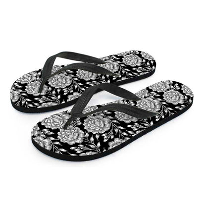Vintage Black And White Floral Print Flip Flops