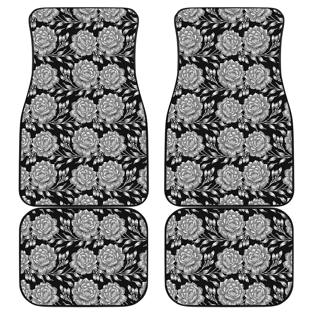 Vintage Black And White Floral Print Front and Back Car Floor Mats