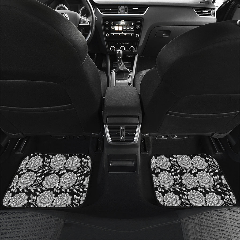 Vintage Black And White Floral Print Front and Back Car Floor Mats