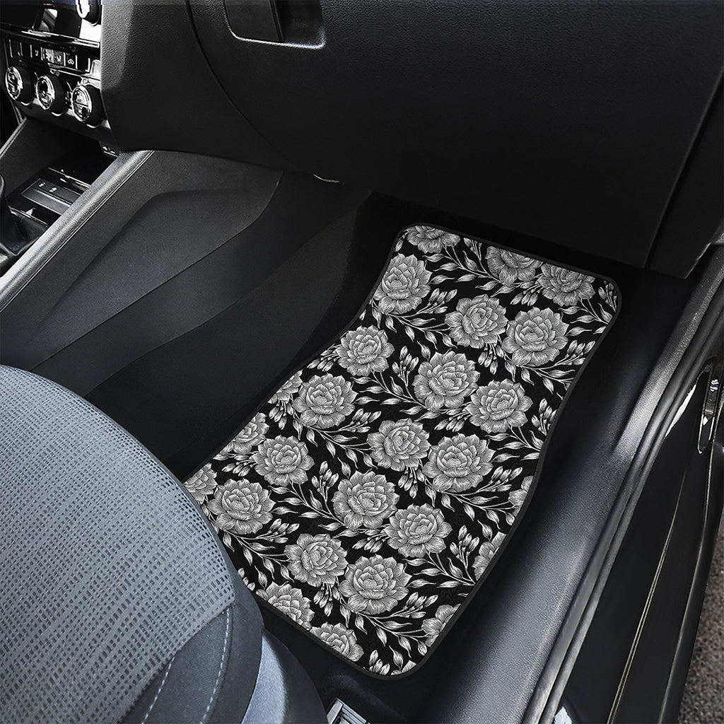Vintage Black And White Floral Print Front and Back Car Floor Mats