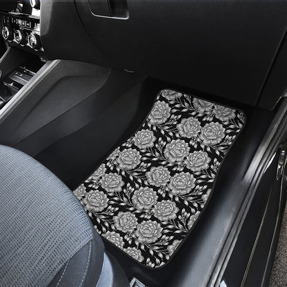 Vintage Black And White Floral Print Front and Back Car Floor Mats