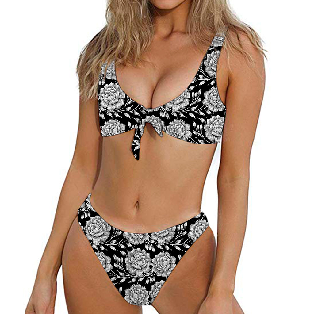Vintage Black And White Floral Print Front Bow Tie Bikini