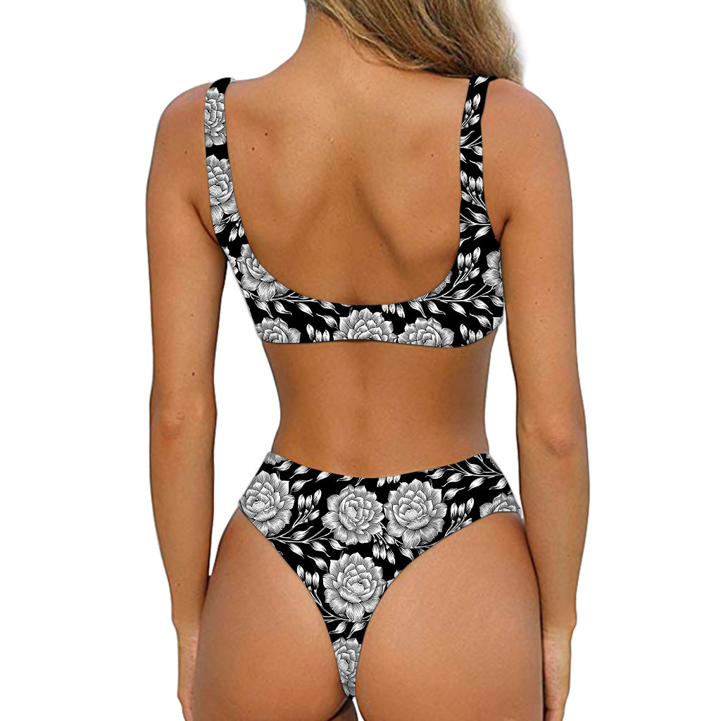 Vintage Black And White Floral Print Front Bow Tie Bikini