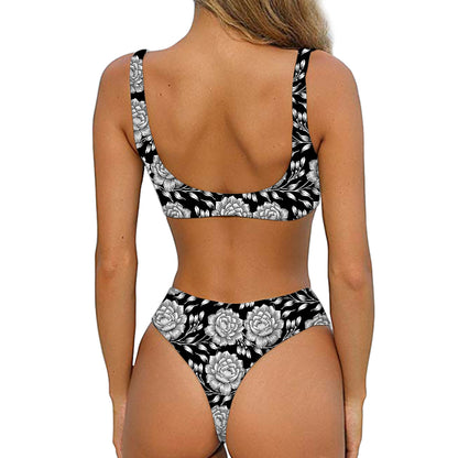 Vintage Black And White Floral Print Front Bow Tie Bikini