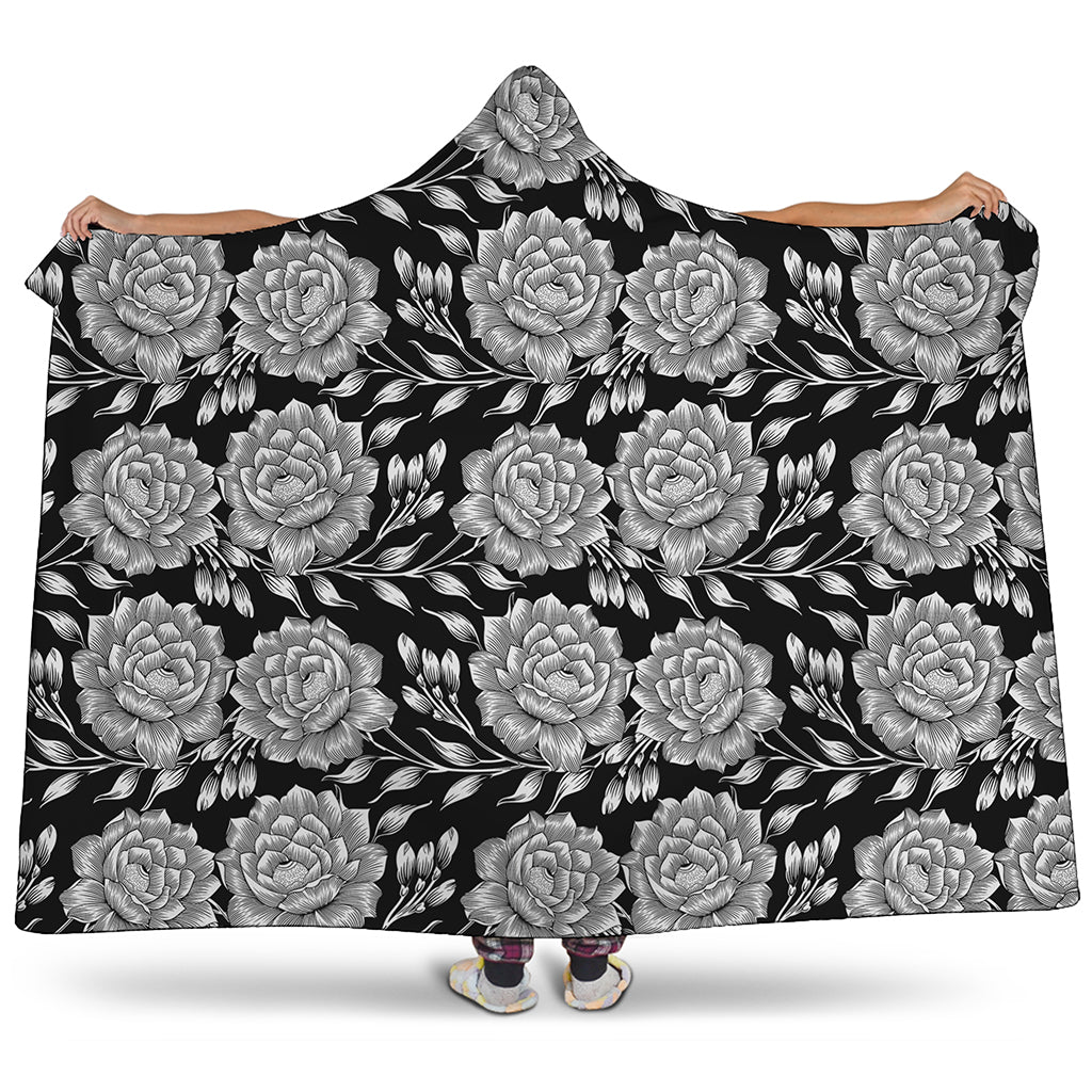 Vintage Black And White Floral Print Hooded Blanket