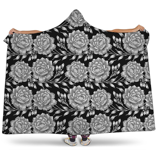 Vintage Black And White Floral Print Hooded Blanket