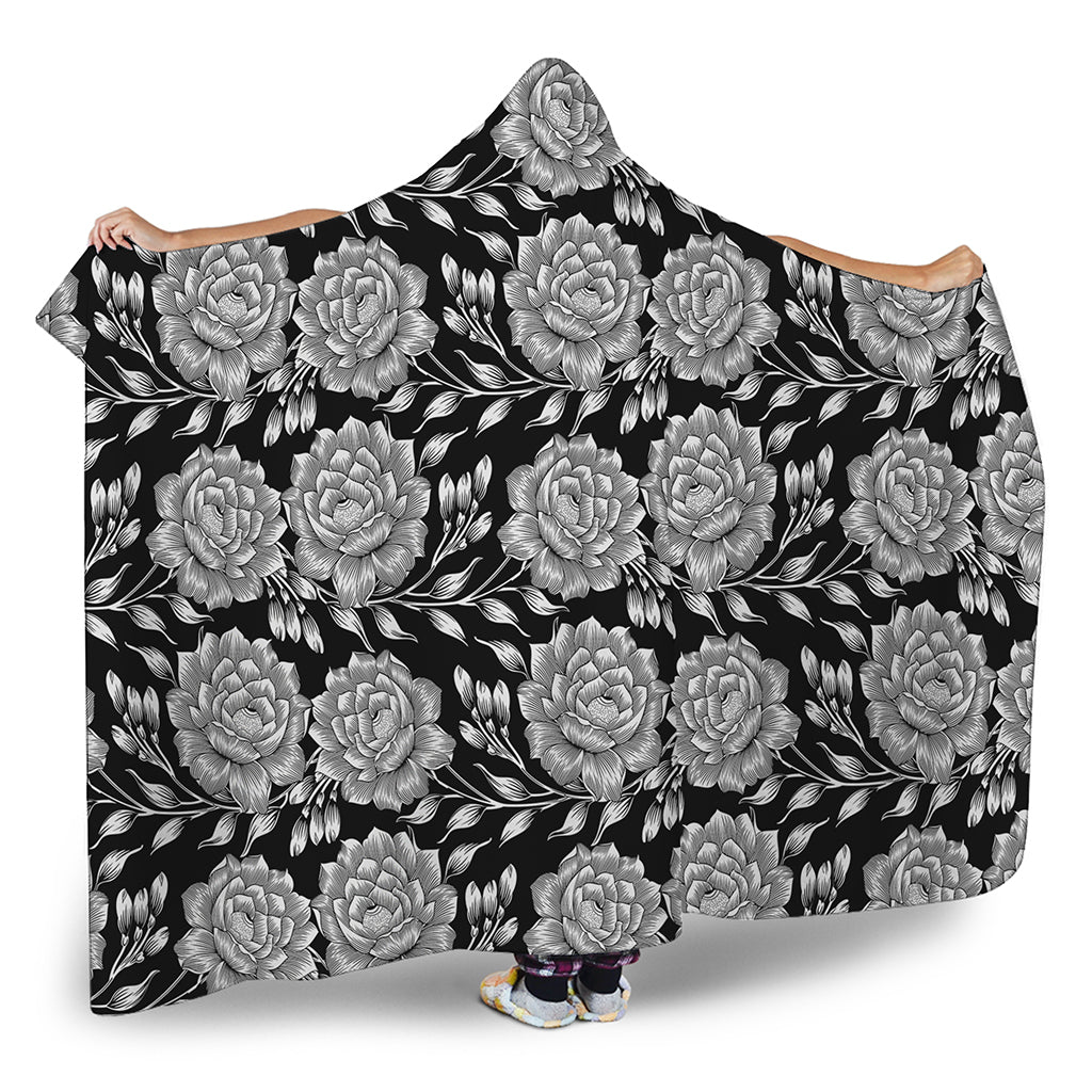 Vintage Black And White Floral Print Hooded Blanket