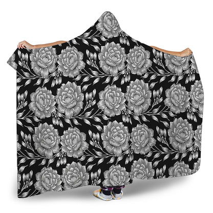 Vintage Black And White Floral Print Hooded Blanket