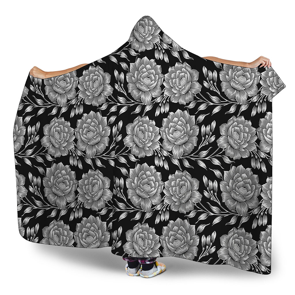 Vintage Black And White Floral Print Hooded Blanket