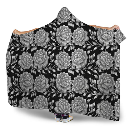 Vintage Black And White Floral Print Hooded Blanket