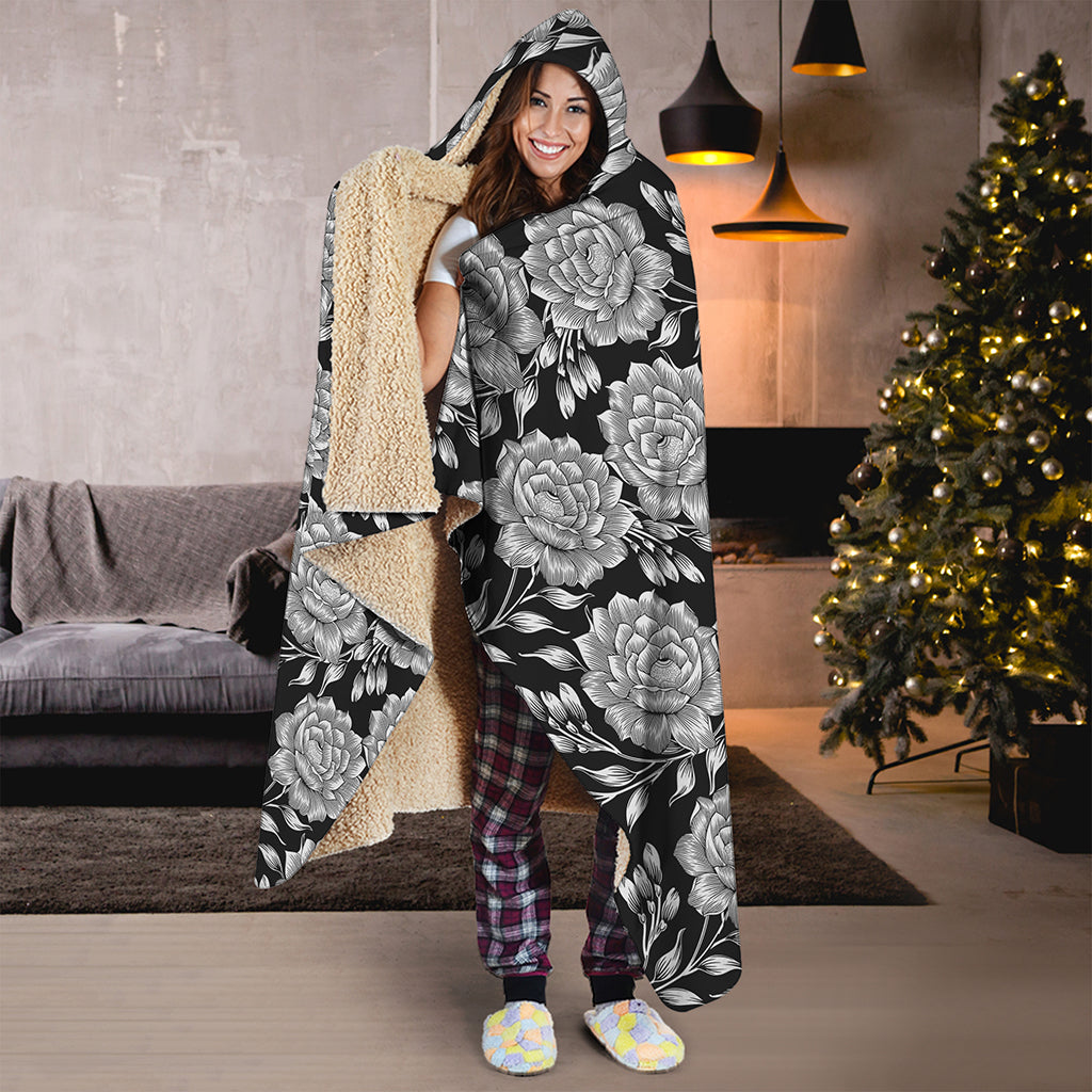 Vintage Black And White Floral Print Hooded Blanket
