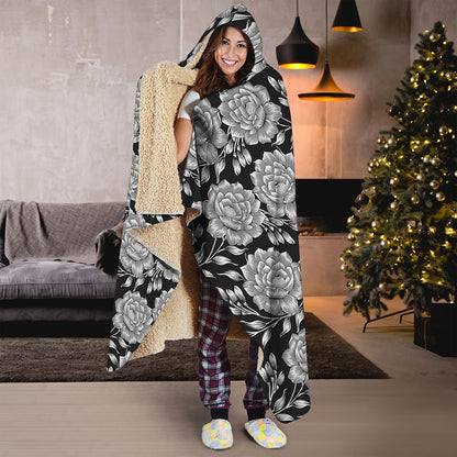 Vintage Black And White Floral Print Hooded Blanket