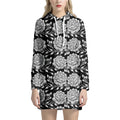 Vintage Black And White Floral Print Pullover Hoodie Dress