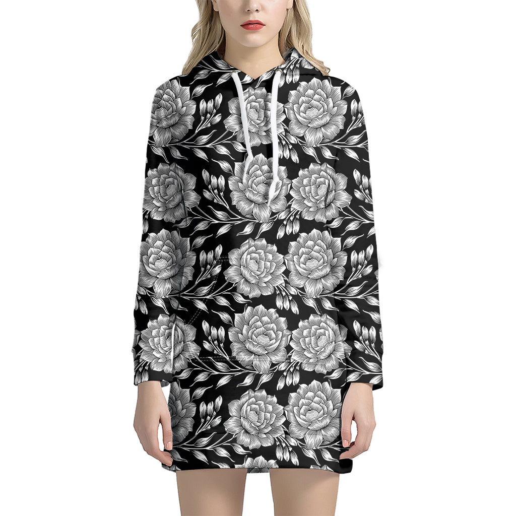 Vintage Black And White Floral Print Hoodie Dress